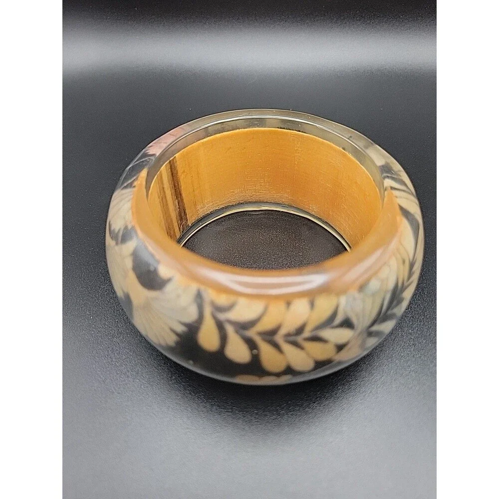 Vintage Chunky Bangle Bracelet Lot 3 Pink Tiger Lucite Carved Resin Wood Leaf